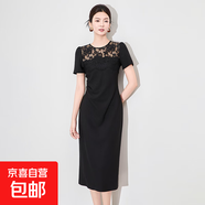 黑色蕾絲拼接短袖連衣裙顯瘦包臀直筒H型輕職風(fēng)2025新款夏季女 黑色 2XL