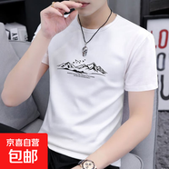 2025夏季男士短袖t恤圓領(lǐng)半袖上衣潮流百搭修身休閑印花打底衫SN 短T拼款中間山脈圓短T白色 XL