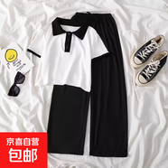 【女童夏裝套裝】短袖t恤褲子初中生兒童夏季2025新款大童學(xué)院 白衣+黑色 160