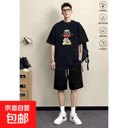 純棉短袖t恤男夏季休閑寬松五分袖上衣韓版青少年帥氣衣服兩件裝 黑色棉T+黑色褲子 XL