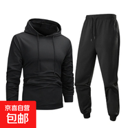 SOAH男士時(shí)尚新款連帽衛(wèi)衣衛(wèi)褲套裝男春秋男生印花寬松痞帥歐貨潮 黑色純色套裝 S