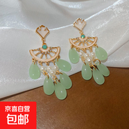 銀針鑲鉆滴油銀杏葉琉璃水滴流蘇耳環(huán)中古風耳釘耳墜氣質(zhì)百搭耳飾 銀針-綠色