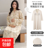 孕婦裙月子服帶胸墊住院待產(chǎn)裙產(chǎn)婦喂奶哺乳期連衣裙孕婦睡裙長(cháng)袖 小兔樹(shù)叢品20007 L【180克100%棉柔軟親膚】