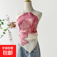 油畫上衣女夏季新款海邊度假辣妹掛脖吊帶小背心短款小上衣絲巾 DD7001-粉色花 均碼