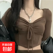 2024歐美秋冬女裝ins潮牌網(wǎng)紅辣妹掛脖魚骨方領(lǐng)性感露臍顯瘦T恤女 棕色上衣 L