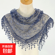 韓版女蕾絲碎花三角巾鏤空透氣包頭紗田園復(fù)古風(fēng)三角披肩防曬頭巾 藏青色