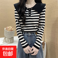 娃娃領(lǐng)復古條紋長(cháng)袖針織衫女秋季新款韓版設計感氣質(zhì)修身短款上衣 黑色 均碼