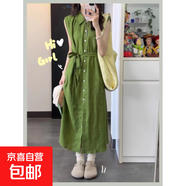 法式綠色翻領無袖連衣裙女夏季復古氣質單排扣長裙 綠色 XL