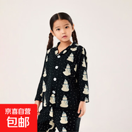 兒童竹纖維開(kāi)衫長(zhǎng)袖長(zhǎng)褲睡衣家居服套裝紐扣舒適款 黑色黑底雪人 120