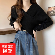 純欲風(fēng)交叉設計感毛衣女韓版寬松慵懶v領(lǐng)短款針織衫上衣秋冬新款 2692黑色 M  【建議96斤-110斤】