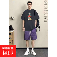 純棉短袖t恤男夏季休閑寬松五分袖上衣韓版青少年帥氣衣服兩件裝 灰色棉T+紫色褲子 L