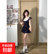 甜辣風(fēng)小飛袖蕾絲拼接連衣裙女夏季辣妹包臀短袖A字裙收腰短裙 藍(lán)色(短款) S 【建議90-100斤】
