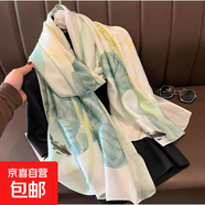 春夏薄款絲巾高級感印花長(cháng)巾新款緞面旅游防曬紗巾民族風(fēng)披肩批發(fā) L89039-荷葉魚(yú)