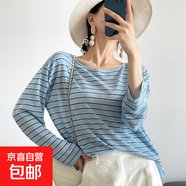 弛感亞麻天絲露背條紋針織衫女夏寬松顯瘦長袖上衣G073106DYS 晴空藍(lán) 均碼