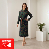 【阿瑪尼制造商】高檔印花夏季新款顯瘦薄款通勤百搭長(cháng)袖連衣裙女 橄欖綠 XL