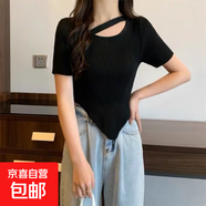 冰絲性感辣妹掛脖上衣女顯瘦設計感韓修身短款針織打底衫內搭KXW S358黑色【針織衫性感顯瘦短袖】 S 【80-90斤】