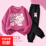 【2件套】女童春秋套裝2025新款運動(dòng)服女大童秋裝衣服兒童衛衣女 小樂(lè )兔莓紅+兔美美K黑 130