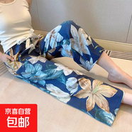 夏季新款棉綢女士薄款大碼人造綿綢可外穿家居碎花長(cháng)褲子寬松睡褲 蘭色百合 XL 【建議120-160斤】