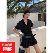 襯衫連衣裙2025夏季新款假兩件拼接短袖襯衫百褶短裙 高級黑 XL