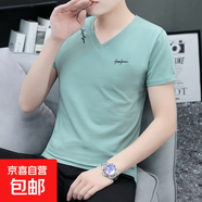 2025夏季男士短袖t恤男V領(lǐng)薄款潮流純棉上衣半袖修身體恤衫休閑WF Q663豆綠 純棉T恤 4XL 建議170-190斤