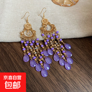 復古民族風(fēng)米珠水滴流蘇耳環(huán)輕奢高級感耳鉤波西米亞氣質(zhì)耳飾批發(fā) 耳鉤-紫色