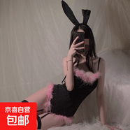 深V鋼圈聚攏包臀惹火兔女郎毛絨連體衣睡衣套裝 黑色 L 110-135