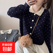 錦裳淑日系蕾絲領(lǐng)開衫女溫柔甜美秋冬波點(diǎn)娃娃領(lǐng)上衣別致外套C100 藏青色 L