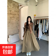 復古氣質(zhì)純色圓領(lǐng)顯瘦長袖連衣裙女秋設(shè)計感長袖拼接a字長裙披肩 咖裙+咖披肩+皮帶 L 【建議110-120斤】