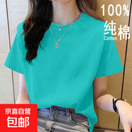 2025年新款夏裝純棉短袖t恤韓系寬松圓領(lǐng)休閑薄款大碼上衣體恤衫 湖綠【純色】 4XL 【建議145-160斤】