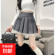 蝴蝶結(jié)蕾絲邊百褶裙女2025夏季薄款灰色拼接百搭高腰顯瘦辣妹短裙 灰色 XL
