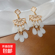 銀針鑲鉆滴油銀杏葉琉璃水滴流蘇耳環(huán)中古風耳釘耳墜氣質(zhì)百搭耳飾 銀針-白色