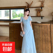 夏季法式蕾絲拼接氣質(zhì)收腰連衣裙大碼法式系帶顯瘦藍色刺繡連衣裙 長(cháng)款 XL 【建議120-130斤】
