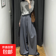 灰色褶皺闊腿西裝褲女高級感垂感褲子胖mm梨身材寬松休閑褲CYD 灰色 L