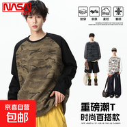 NASA BASE迷彩長袖T恤潮牌美式復(fù)古拼接圓領(lǐng)印花體恤男裝寬松薄款 迷彩軍綠 M