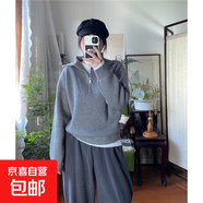 錦裳淑韓國chic秋季慵懶風(fēng)翻領(lǐng)拉鏈坑條設(shè)計感寬松百搭泡泡袖毛衣 灰色 S