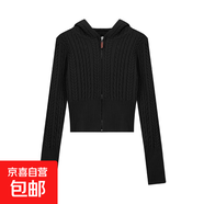 灰色麻花拉鏈連帽針織開衫女春秋小個子短款毛衣外套內搭打底上衣 3604黑色 S  【建議80斤-95斤】