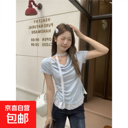 溫柔甜妹風(fēng)新款蕾絲拼接短袖T恤女夏季修身顯瘦黃色上衣 藍色 均碼 建議80-125斤