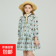 純棉女童碎花格裙春秋新款洋氣長袖連衣裙中大童舒適休閑公主裙 藍(lán)色 120