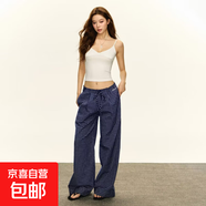 美式復古藍色格子闊腿休閑褲男女夏季新款低腰寬松褲子 藏青色 常規(guī) M