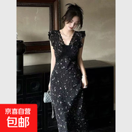 黑色蕾絲拼接碎花連衣裙夏季度假風(fēng)法式氣質(zhì)獨特漂亮斜裁掐腰長(cháng)裙 黑色 XL 【建議120-130斤】