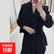 壓線(xiàn)大翻領(lǐng)墊肩系帶收腰設計長(cháng)袖中長(cháng)款雙面羊毛大衣毛呢外套秋冬 純黑 M
