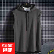 運動(dòng)寬肩跑步連帽背心男衛衣小衫黑色純色無(wú)袖T恤夏季潮外穿坎肩 灰色背心連帽 L