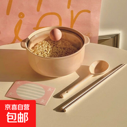 蝴蝶結陶瓷泡面碗帶蓋餐具少女心卡通可愛(ài)碗盤(pán)套裝學(xué)生專(zhuān)用飯碗 粉色-三件套