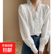 女士襯衫長(cháng)袖法式復古宮廷風(fēng)鏤空刺繡花邊V領(lǐng)長(cháng)袖襯衫女 SN7115 白色襯衫 L