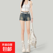 淺藍(lán)色牛仔短褲女夏季新款高腰彈力修身顯瘦a字緊身包臀辣妹熱褲 復(fù)古藍(lán) M