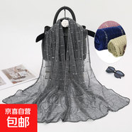 彈力亮閃閃條紋亮片復古風長圍巾新款女透氣幻燈絲鏈條壓皺沙灘巾 深灰色