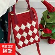 新款小眾設計可愛(ài)卡通迷你針織手機包百搭小巧便攜通勤斜挎小方包 手機包-菱形【紅色】