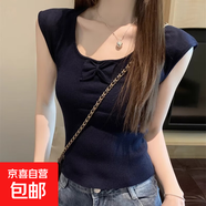 夏季新款蝴蝶結(jié)針織衫T恤女設(shè)計(jì)感修身小個(gè)子減齡u領(lǐng)短袖上衣 238黑色 均碼