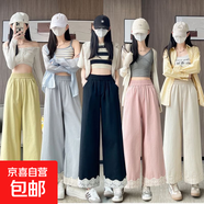蕾絲花邊拼接褲子女春夏新款高腰闊腿褲寬松顯瘦休閑時(shí)尚直筒ZHFS 黑色 M