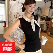 法式辣妹拼接波點(diǎn)飄帶無(wú)袖打底上衣2025夏季新款純欲修身短款T恤 1082黑色 S 【建議80-90斤】